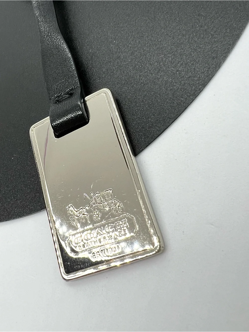 Coach Leatherware Metal Bag Hang Tag Silver Black Leather Key Fob Charm